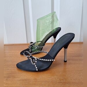 Guess Rhinestone Slide Heels Bow Embellished Coquette Evening Black Silver 6.5